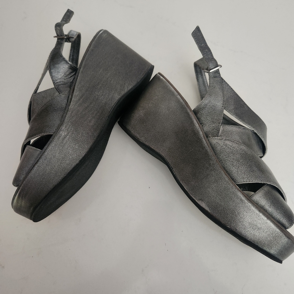 Kork-ease Allie Metallic Silver Handmade Wedge Platform Sandals 7 Brazil Leather - Picture 4 of 8
